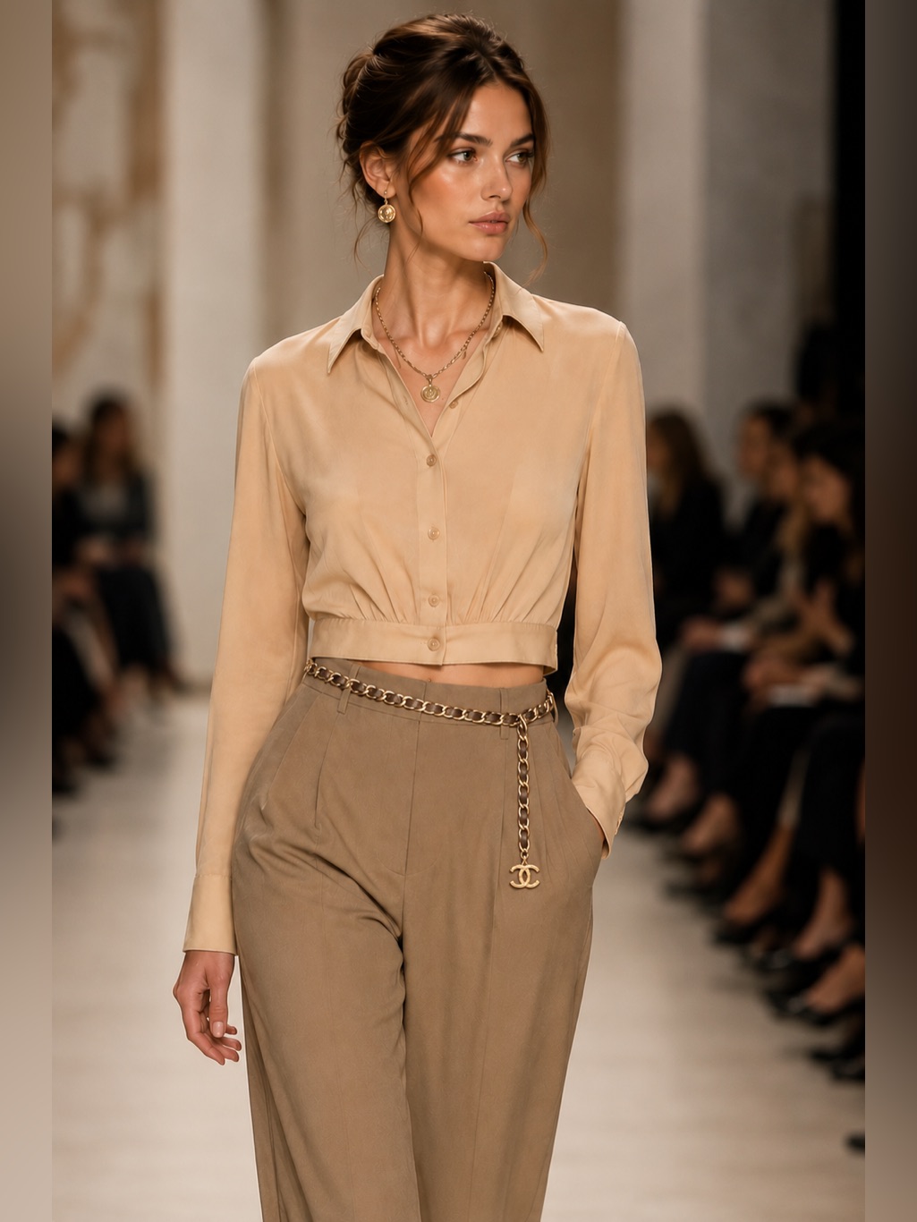 Classic Chanel 2001a Nude Beige Silk Sheer Cropped Shirt Cc Logo Buttons Fr 40